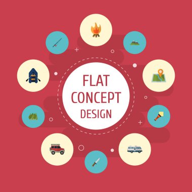 Düz simgeler Suv, ahşap, avcılık kesici ve diğer vektör öğeleri. Kamp düz simgeler simge kümesi de karavan, bıçak, Hill nesneleri içerir.