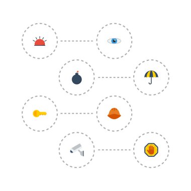 Düz simgeler ipucu, yasak, kask ve diğer vektör öğeleri. Düz simgeleri simgeleri tedarik da şemsiye, bomba, tuşlarının nesneleri içerir.