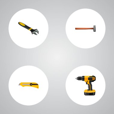 Gerçekçi Kırtasiye bıçak, tutamacı isabet, elektrikli tornavida vektör öğeleri. Araçlar gerçekçi simgeler kümesi de bıçak, matkap, aracı nesneleri içerir.