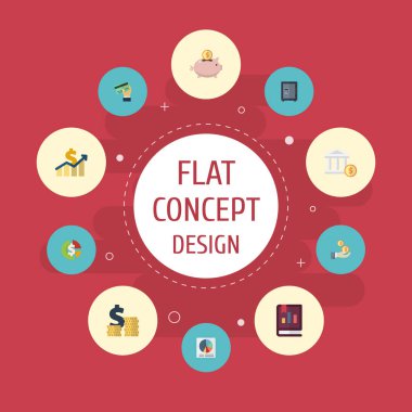 Düz simgeler banka, hisse senedi, pasta Bar ve diğer vektör öğeleri. Muhasebe düz simgeler simge kümesi de para, servet, kitap nesneleri içerir.