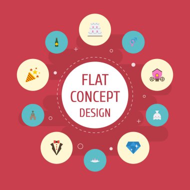 Düz simgeler Fizz, gelinlik, aksesuarları ve diğer vektör öğeleri. Düz simgeleri simgeleri düğün kümesi de içerir Gharry, Dress, pastane nesneleri.