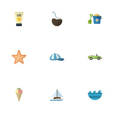 Düz simgeler Sailboard, kürek, sorbe ve diğer vektör öğeleri. Ayrıca Palm, Hindistan cevizi, araba nesneleri içeren küme Beach düz simgeleri simgeleri.