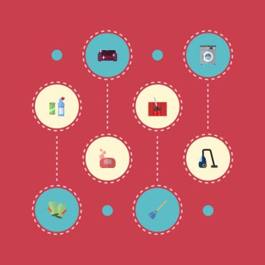 Düz simgeler çamaşırhanede, dayağı, Sweeper ve diğer vektör öğeleri. Ayrıca süpürmek, çırpma teli, deterjan nesneleri içeren küme hijyen düz simgeleri simgeleri.