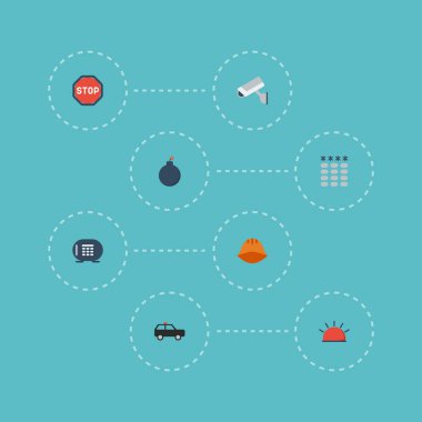 Düz simgeler kasa, kamera, kask ve diğer vektör öğeleri. Zırhlı, düz simgeleri simgeleri de içerir güvenlik gözetim, kamera nesneleri kümesi.