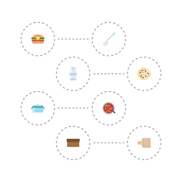 Icônes plates cuillère à soupe, bouillon, pepperoni et autres éléments vectoriels. Ensemble de symboles plats d'icônes de nourriture comprend également la boulangerie, la casserole, les objets de pizza . — Image vectorielle