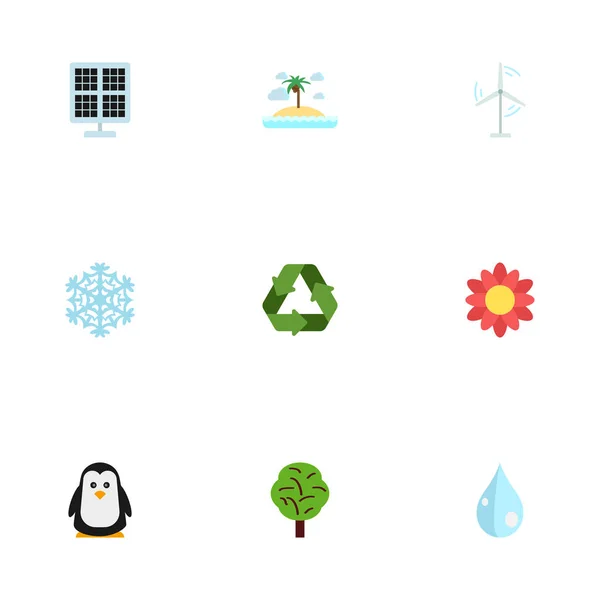 Flat Icons Water, Sun Power, Electric Mill And Other Vector Elements. Set Of Nature Flat Icons Symbols Also Includes Blob, Snow, Water Objects. — Stock Vector