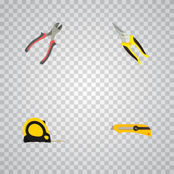 Longueur réaliste Roulette, ciseaux, pinces et autres éléments vectoriels. Ensemble d'outils symboles réalistes comprend également instrument, pinces, objets à rouleaux . — Image vectorielle