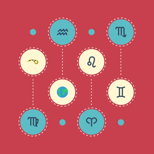 Icônes plates Planète Terre, Bélier, signe du zodiaque et autres éléments vectoriels. Ensemble de symboles d'icônes plates comprend également des Gémeaux, Vierge, Objets du zodiaque . — Image vectorielle