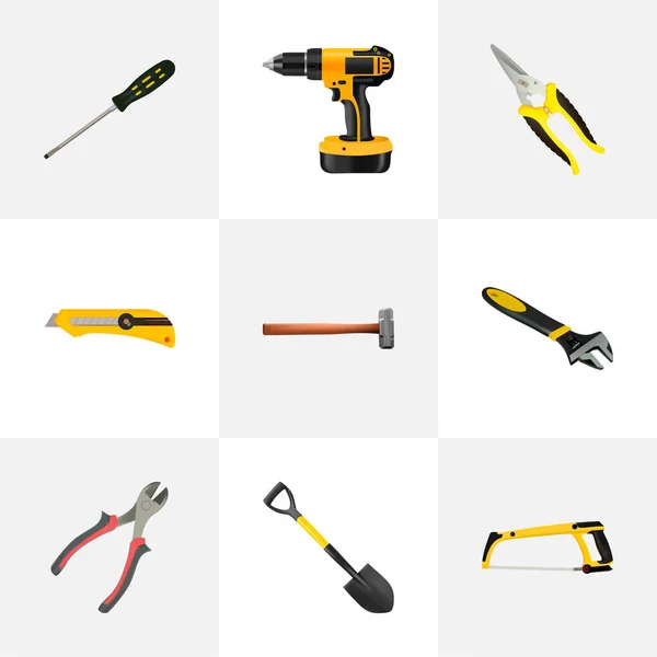 Realistyczne Carpenter, nożyczki, Arm Piła i inne wektor elementów. Zestaw narzędzi realistyczne symboli zawiera także elektryczne, maszynki do strzyżenia, Piła do metalu obiektów. — Wektor stockowy
