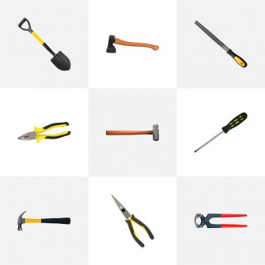 Gerçekçi pense, Spade, maşa ve diğer vektör öğeleri. Aletleri gerçekçi simgeler kümesi, ayrıca gürültü, kıskaç, kıskaç nesneleri içerir.