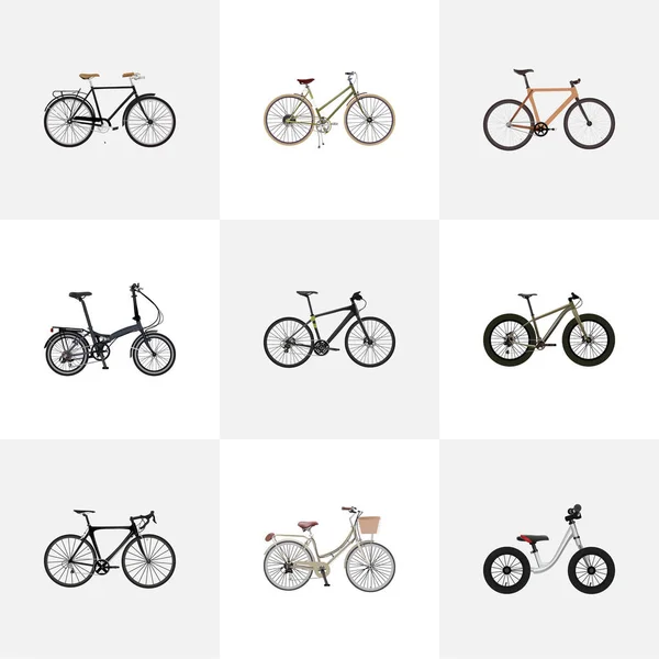 Реалістичний Timbered, модний, складаний спорт циклу та інших елементів векторного. Набір велосипед реалістичні символи також включає в себе гібридні, бренд, Bmx об'єктів. — стоковий вектор