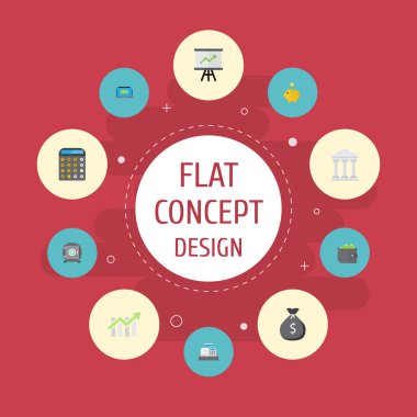Düz simgeler Bar diyagramı, cüzdan, banka ve diğer vektör öğeleri. Düz simgeleri simgeleri bankacılık da defter, Bar, kasa nesneleri içerir.