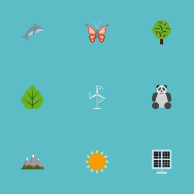 Düz simgeler güneş güç, peyzaj, ayı vektör öğeleri. Yeşil düz simge simgeler kümesi de doğa, kelebek, Balık nesneleri içerir.