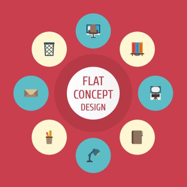 Düz simgeler kalem sahibi, iletişim, koltuk ve diğer vektör öğeleri. Ayrıca kitap, çöp sepeti, koltuk nesneleri içeren küme çalışma alanı düz simgeleri simgeleri.