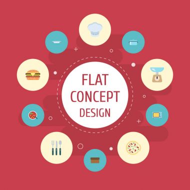 Düz simgeler elektrikli soba, somun, gümüş ve diğer vektör öğeleri. Düz simgeleri simgeleri pişirme seti de Pan, ağırlık, çatal nesneleri içerir.