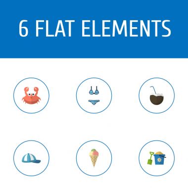 Düz simgeler Beachwear, sorbe, kürek ve diğer vektör öğeleri. Yaz düz simgeler simge kümesi de Yengeç, iç çamaşırı, Beach nesneleri içerir.