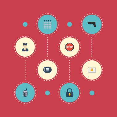 Düz simgeler kilit, yol işareti, tuş takımı ve diğer vektör öğeleri. Düz simgeleri simgeleri tedarik de içerir güvenlik, vurdu, dur nesneleri.