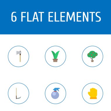 Düz simgeler balta, bitki, yeşil ahşap ve diğer vektör öğeleri. Bahçe Bitkileri düz simgeler simge kümesi de lateks, meyve, şişe nesneleri içerir.