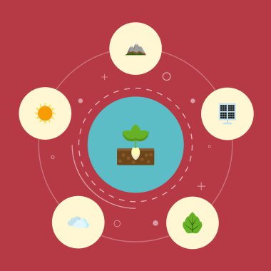 Düz simgeler Sunshine, yeşillik, manzara vektör öğeleri. Yeşil düz simge simgeler kümesi de güneş, bulutlar, Filiz nesneleri içerir.