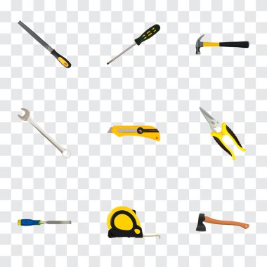 Gerçekçi balta, kalemtıraş, makas ve diğer vektör öğeleri. Aletleri gerçekçi simgeler kümesi de pençe, makas, ileti örneği nesneleri içerir.