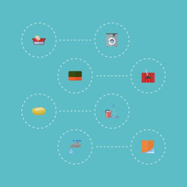 Düz simgeler bez, paspas, WISP ve diğer vektör öğeleri. Ayrıca el, Besom, havza nesneleri içeren küme hijyen düz simgeleri simgeleri.