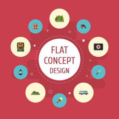 Düz simgeler kesici, avcılık Suv, çanta ve diğer öğeleri vektör. Kamp düz simgeler simge kümesi de içerir cankurtaran, ahşap, çelik yelek nesneleri.