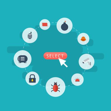 Düz simgeler Siren, telsiz, patlayıcı ve diğer vektör öğeleri. Emanet düz simgeler simge kümesi de uzak, kamera, kilit nesneleri içerir.