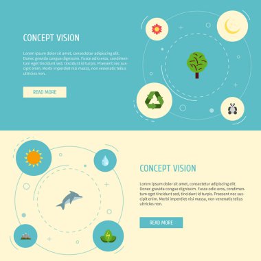 Düz simgeleri manzara, ayı, oynak balık öğeleri vektör. Çevre düz simgeler simge kümesi de içerir Flora, çiçek, çiçek nesneleri.