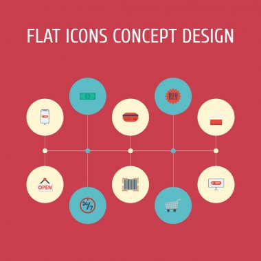 Düz simgeler işareti, ödeme, nakit ve diğer vektör öğeleri. Mağaza düz simgeler simge kümesi de Stand, Online, nesneleri açmak dahil.