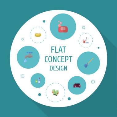 Düz simgeler kanepe, musluk, köpük ve diğer vektör öğeleri. Düz simgeleri simgeleri temizlik seti de içerir musluk, deterjan, eldiven nesneleri.