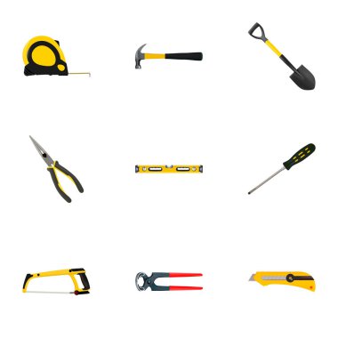 Gerçekçi maşa, kerpeten, uzunluğu rulet ve diğer vektör öğeleri. Aletleri gerçekçi simgeler kümesi de içerir teyp, seviye, inşaat nesneleri.