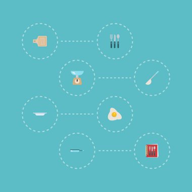 Düz simgeler defter, pişirme tava, çorba kaşığı ve diğer öğeleri vektör. Gastronomi düz simgeler simge kümesi de ağırlık, yemek, kesme nesneleri içerir.