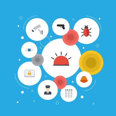 Düz simgeler polis, tuş takımı, silah ve diğer vektör öğeleri. Güvenlik düz simgeler simge kümesi de virüs, dizüstü bilgisayar, Alarm nesneleri içerir.