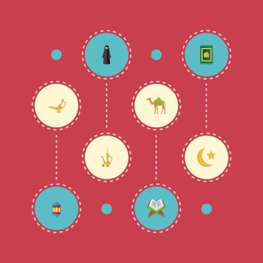 Düz simgeler dua halı, Dromedary, Müslüman kadın ve diğer vektör öğeleri. Ayrıca Ramazan, kadın, sürahi nesneleri içeren küme din düz simgeleri simgeleri.