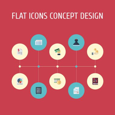 Düz simgeler kasa, görev, levha ve diğer vektör öğeleri. Düz simgeleri simgeleri kayıt kümesi de para, gelir, mevduat nesneleri içerir.