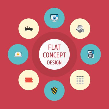 Düz simgeler kamera, El Telsizi, vizyon ve diğer vektör öğeleri. Zırhlı, düz simgeleri simgeleri de içerir güvenlik kalkan, koruma nesneleri kümesi.