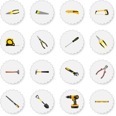 Gerçekçi pense, elektrikli tornavida, marangoz ve diğer vektör öğeleri. Araçlar gerçekçi simgeler kümesi de Kerpeten, kesici, araç nesneleri içerir.