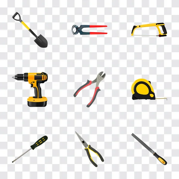 Realistic Nippers, Electric Screwdriver, Length Roulette And Other Vector Elements. Set Of Tools Realistic Symbols Also Includes Tool, Tongs, Nippers Objects. — Stock Vector