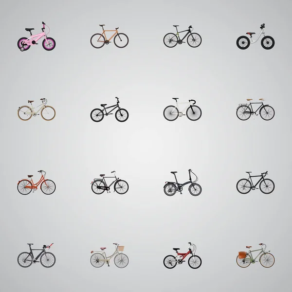 Realistic Extreme Biking, Brand, Childlike Vector Elements. Набор велосипедных реагентов также включает в себя дорожные, голландские, древесные предметы . — стоковый вектор