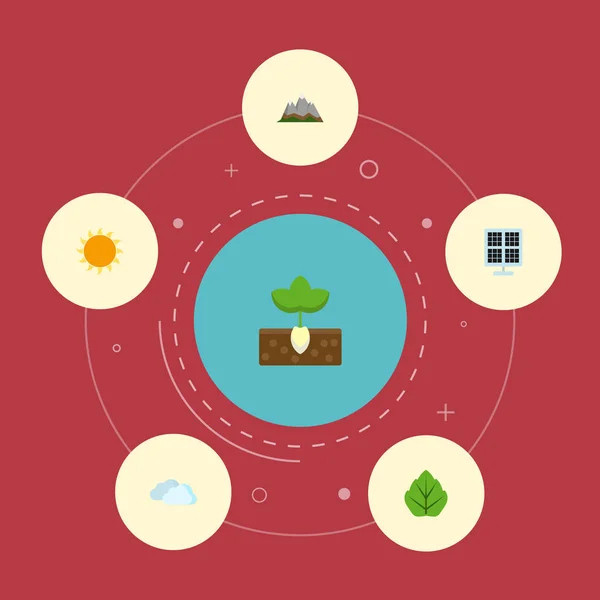 플랫 아이콘 햇빛, 단풍, 프리 벡터 요소. 녹색 평면 아이콘 기호 집합이 또한 햇빛, 구름, 새싹 개체 포함. — 스톡 벡터