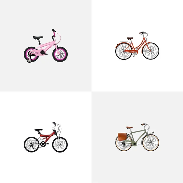 Trabalho realista, retro, infantil e outros elementos vetoriais. Conjunto de símbolos realistas de bicicleta também inclui objetos antigos, adolescentes, crianças . — Vetor de Stock