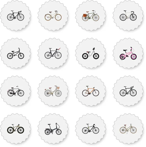 Velocidad realista de la carretera, viejo, plegable ciclo deportivo y otros elementos vectoriales. El sistema de símbolos realistas de la bici también incluye bicicletas, madera, objetos extremos . — Archivo Imágenes Vectoriales