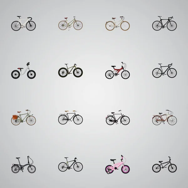 Reális régi, jármű képzés, közúti sebesség és egyéb vektoros elemek. Kerékpár reális szimbólumok is tartalmaz elegáns, gyermeki, lány objektumok. — Stock Vector