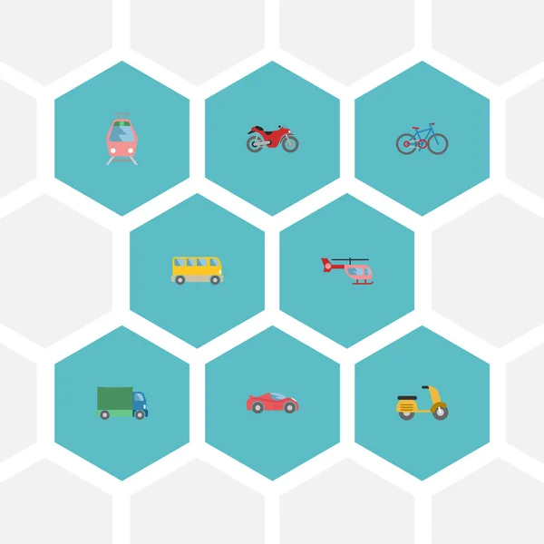 Iconos planos Tranvía, Scooter, Camiones y otros elementos vectoriales. El sistema de símbolos planos de los iconos del vehículo también incluye el ciclomotor, el aire, los objetos deportivos . — Archivo Imágenes Vectoriales
