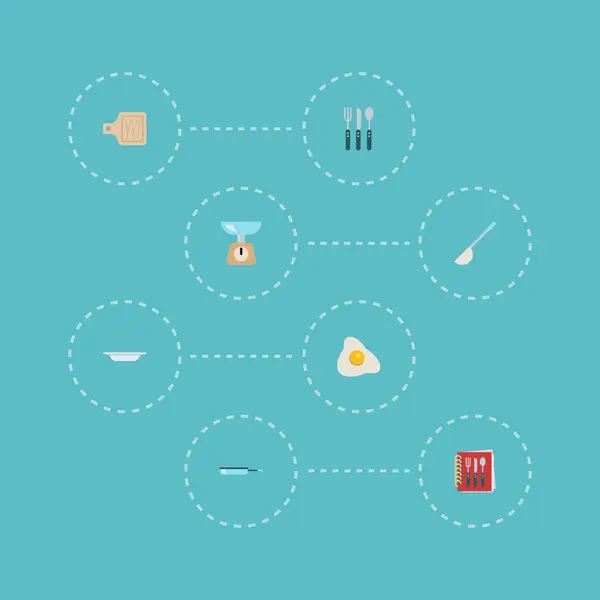 Flat Icons Cooking Notebook, Skillet, Soup Spoon and Other Vector Elements. Набор значков плоской гастрономии также включает в себя вес, приготовление пищи, резка объектов . — стоковый вектор