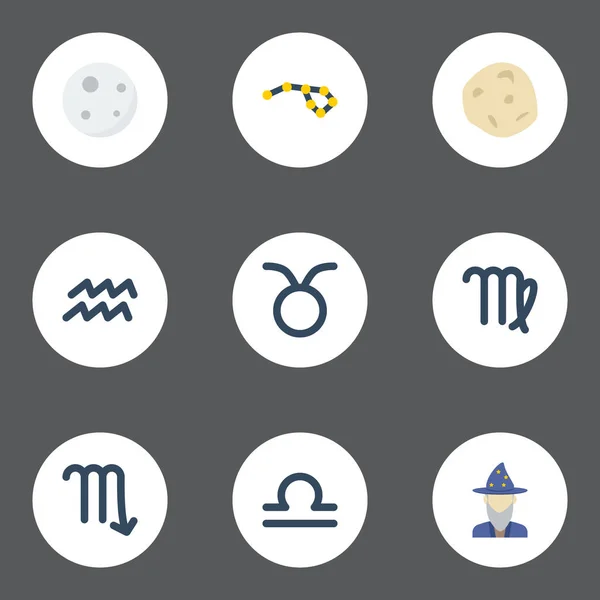Flache Symbole verheißen, Horoskop, Wasserträger und andere Vektorelemente. Reihe von flachen Symbolen der Astronomie umfasst auch menschliche, Skorpione, Mondobjekte. — Stockvektor