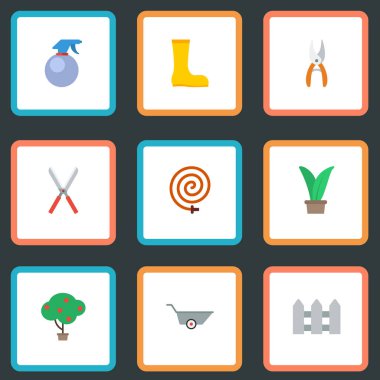 Düz simgeler budayıcı, Bahçe Hortum, sprey şişe ve diğer vektör öğeleri. Bahçe Bitkileri düz simgeler simge kümesi de ağaç, Hosepipe, hortum nesneleri içerir.