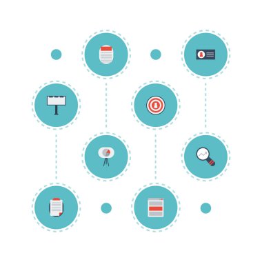 Düz simgeler sosyal medya reklamları, hedef kitleye, Pazar ve diğer vektör öğeleri. Düz simgeleri simgeleri pazarlama da araştırma, dart tahtası, Banner nesneleri içerir.