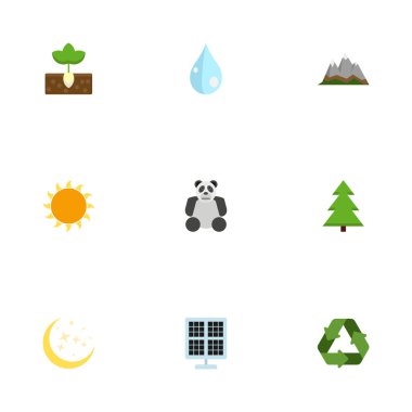 Düz simgeler Filiz, su, manzara vektör öğeleri. Doğa düz simgeler simge kümesi de içerir ağaç, Panda, tepe nesneleri.