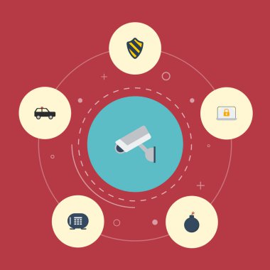 Düz simgeler patlayıcı, kilit, güvenli ve diğer vektör öğeleri. Ayrıca fotoğraf makinesi, kasa, koruma nesneleri içeren küme Emanet düz simgeleri simgeleri.